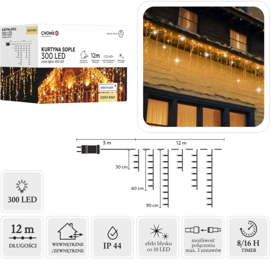 Fényfüggöny – jégcsapok 300 LED meleg fehér 15 m – 1 db