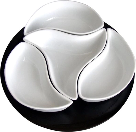 Forgószelepes kerámia tálkakészlet forgatható fa tálcán, 4 db