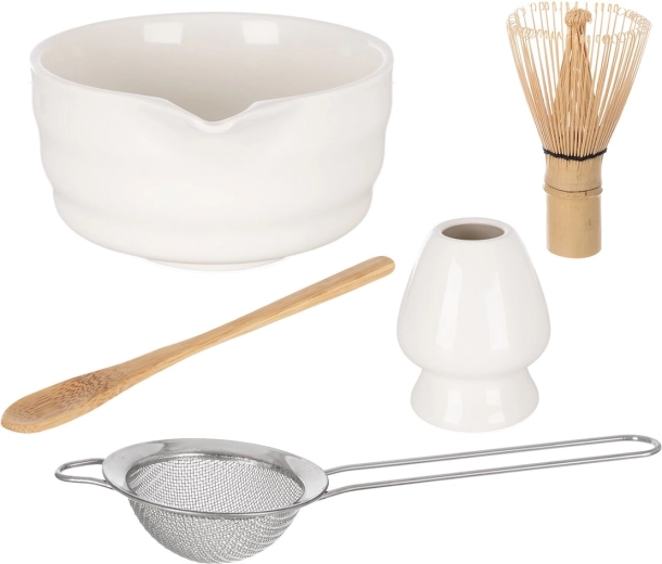 Porcelán és bambusz matcha teákészítő szett