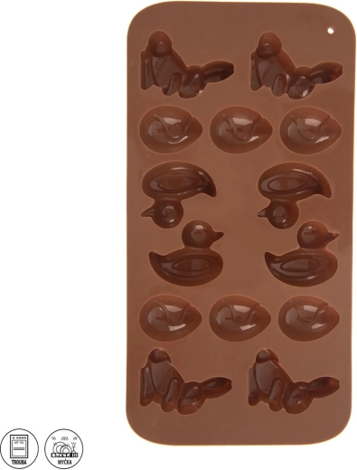 Szilikon forma Húsvét – nyuszik, kiskacsák és tojások, 14 db, barna