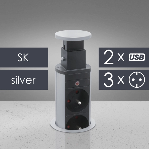 Felnyitható asztali csatlakozóaljzat 3 aljzattal és USB-portokkal, ezüstszínű