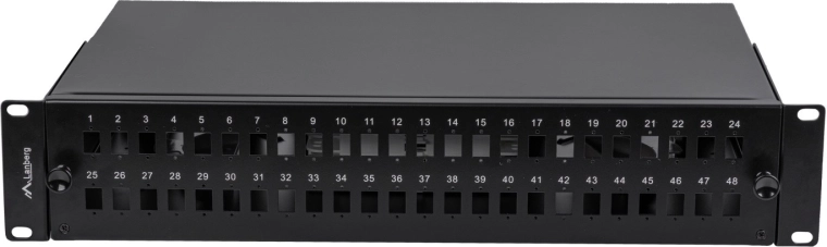 Lanberg optikai patch panel 48× SC simplex / 48× LC duplex csatlakozóhoz, 19"-os rackbe, 2U, fekete