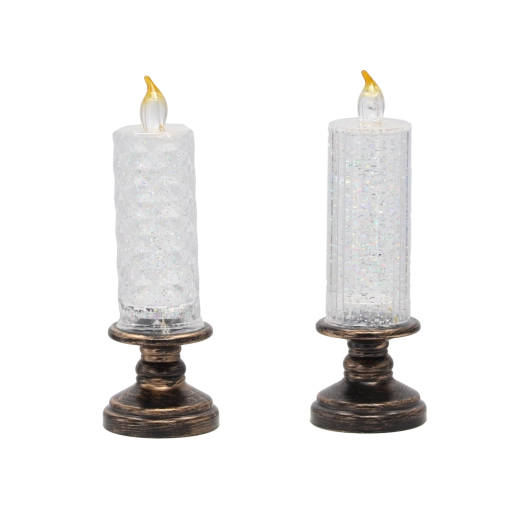 LED gyertya csillámokkal dekoratív talapzaton, 21 cm