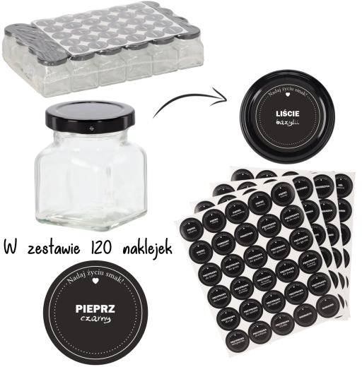 24 darabos, 120 ml-es, négyzet alakú fűszertartó üvegkészlet címkékkel