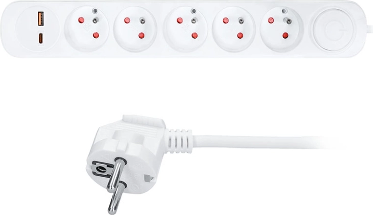 Solight hosszabbító 5 aljzattal és USB-A/C töltéssel, 3 m, fehér
