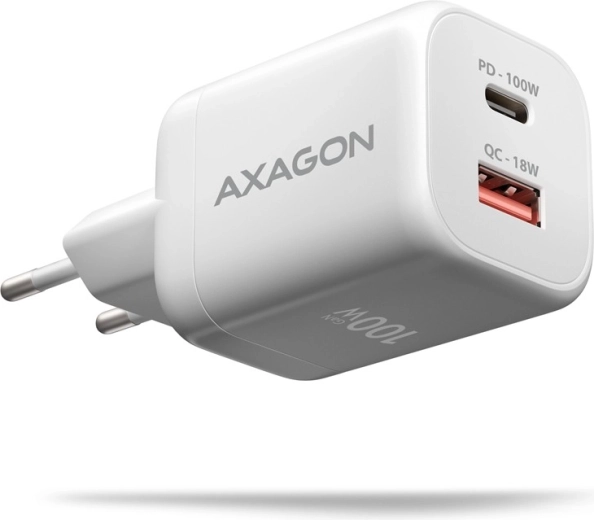 AXAGON 100 W-os GaN hálózati töltő 2 USB-C és USB-A porttal, fehér