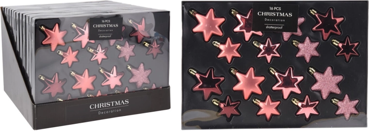 Karácsonyi csillagdíszek rózsaszín mix, 16 db