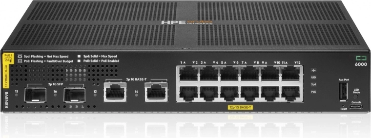 Aruba Networking CX 6000 menedzselt kapcsoló 12× Gigabit PoE+ (4. osztály) + 2× Gigabit + 2× SFP, 139 W (R8N89B)