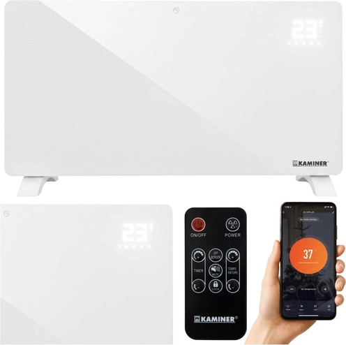 KAMINER Zelva üveg elektromos radiátor 2500 W, Wi‑Fi és távirányító