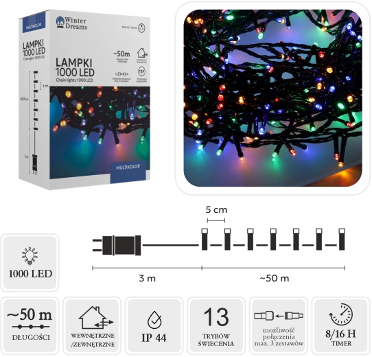 LED karácsonyi fényfüzér 1000 db multicolor diódával, 50 m, beltéri/kültéri - 1 db
