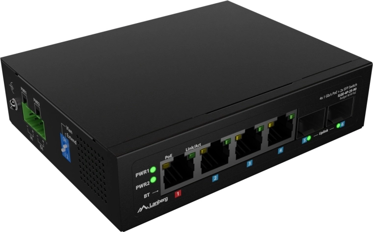 Lanberg könnyű ipari PoE switch DIN sínre 4× RJ45 + 2× SFP gigabit