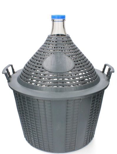 34 l-es üvegballon keskeny nyakkal és műanyag kosárral