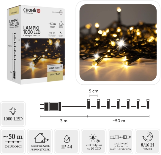 LED fényfüzér 1000 LED meleg fehér + hideg flash 53 m (3 m betápkábel) beltéri és kültéri használatra