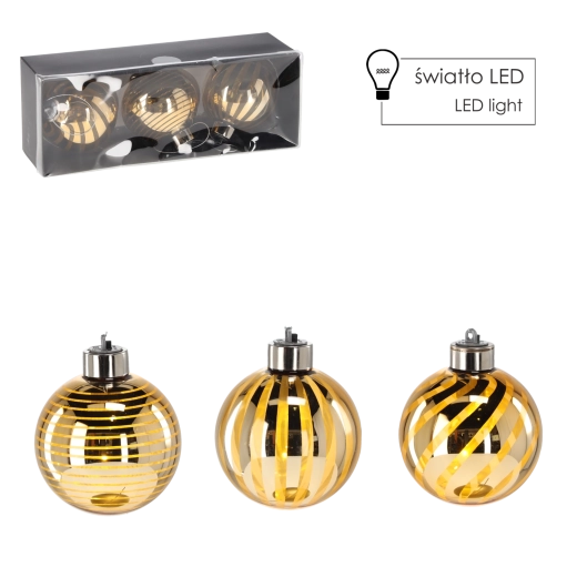 Aranyszínű üveg karácsonyi díszek LED-del, 8 cm, 3 db-os szett