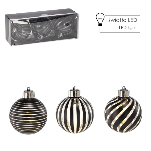 8 cm-es (3 db) ezüst LED-világítású üvegdísz készlet Chomik