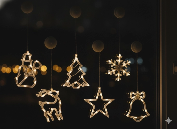 Karácsonyi ablakdekoráció LED-del, tapadókorongos, elemes, meleg fehér fény, 6 forma mix