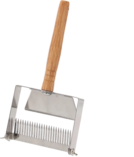 Rozsdamentes acél lefedővilla méz fedelezéséhez, fa nyéllel, 25 × 13 cm