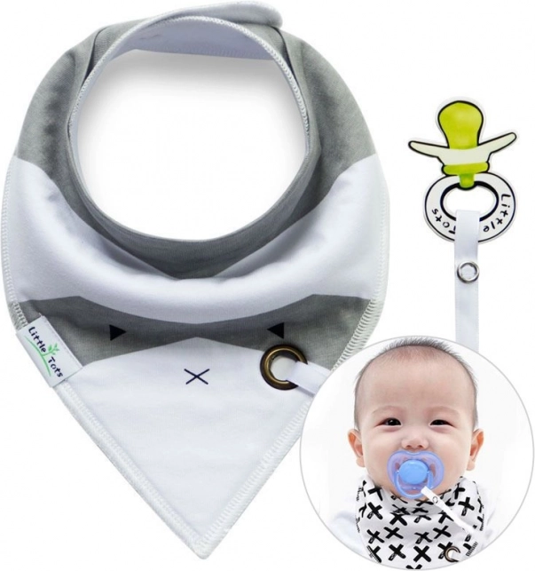 Kendő/előke cumitartóval – fehér és szürke