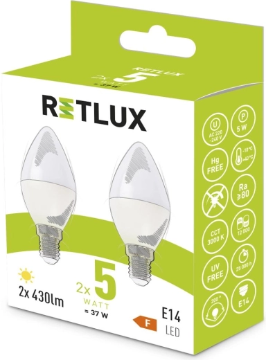 Retlux LED izzó C37 E14 meleg fehér 5 W – 2 db