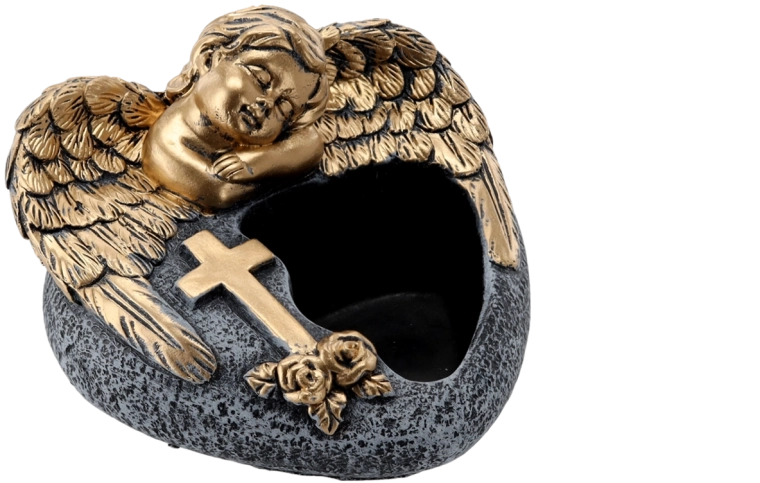 Cement temetői virágtartó angyallal, sötétszürke arany díszítéssel 16 × 17,5 × 11 cm