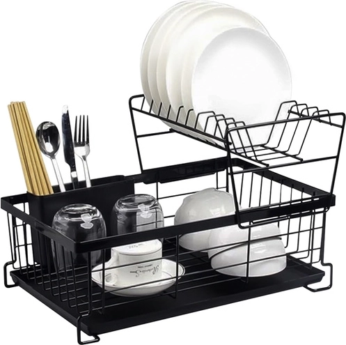 Kétszintes RUHHY edényszárító tálcával és evőeszköztartóval, fekete