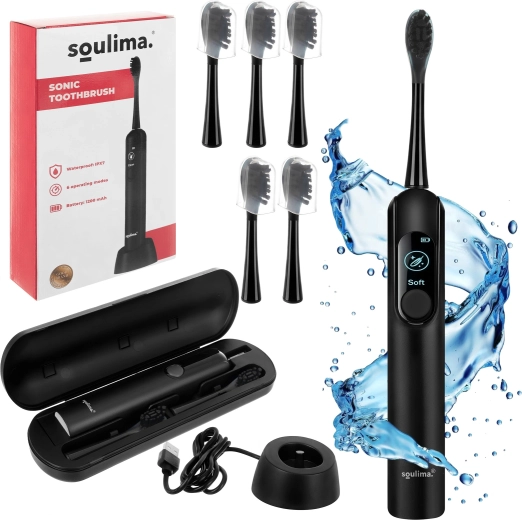 Soulima X800 szónikus elektromos fogkefe, fekete, indukciós töltéssel és 6 fejjel