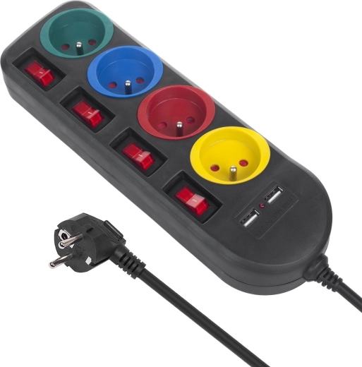 Hosszabbító kapcsolókkal, 4 aljzattal és 2× USB-porttal – Fekete