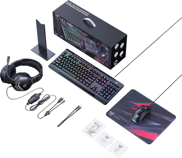 Onikuma gamer szett 5 az 1-ben (billentyűzet, egér, mikrofonos fejhallgató, egérpad, állvány)