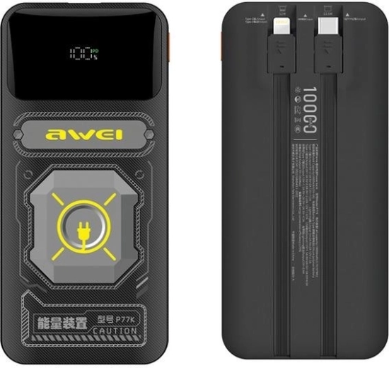 Awei P77K 10000 mAh 22,5 W powerbank beépített USB‑C és Lightning kábelekkel