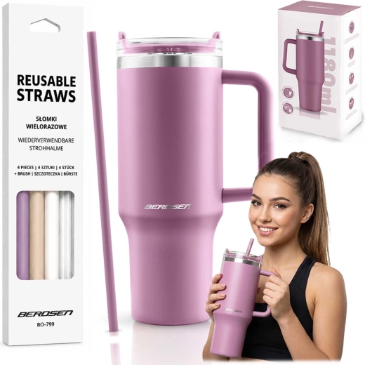 Berdsen vákuumos termoszbögre 1180 ml szívószálkészlettel, rózsaszín