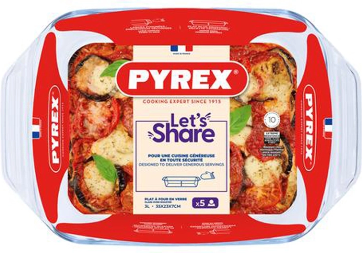 Pyrex üveg tepsi fülekkel, 35 × 23 cm, 3 l, boroszilikát üvegből