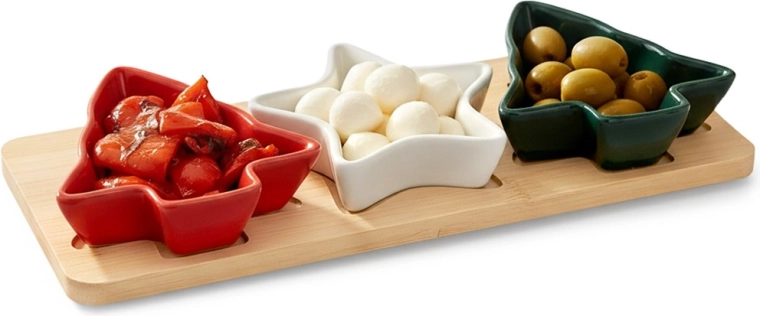 Porcelán tálkák falatokhoz tálcán, 4 darabos készlet