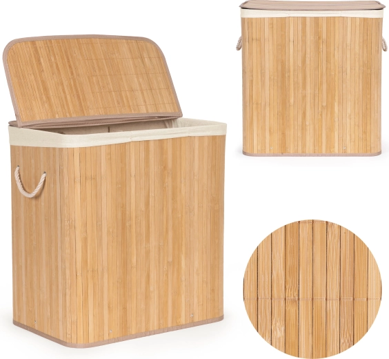 ModernHome bambusz szennyeskosár 150 l, 3 rekesszel és fedéllel