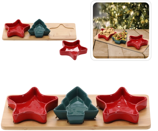 Karácsonyi kerámia tálkakészlet bambusz tálcán