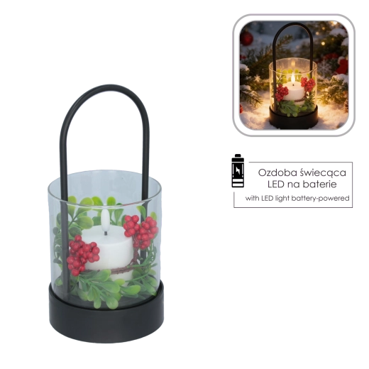 Dekoratív LED lámpás gyertyával és karácsonyi koszorúval 21,5 cm - 1 db