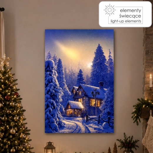 Vászonkép LED világítással – téli ház az erdőben 40 × 60 × 3,2 cm - 1 db
