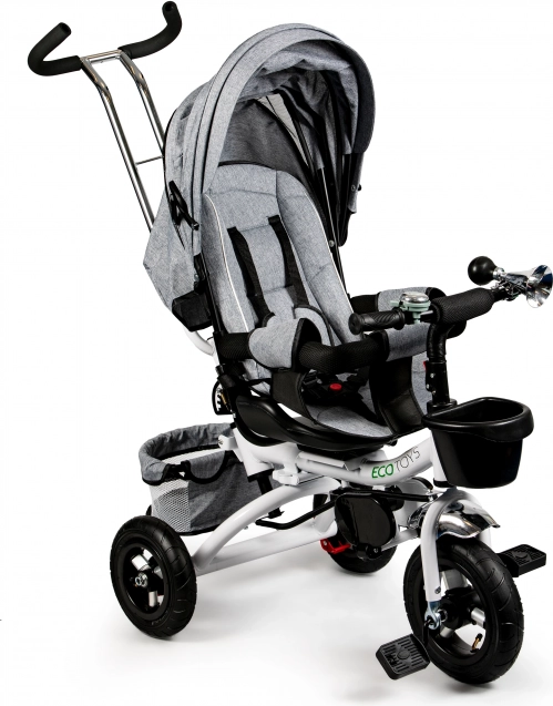 Ecotoys gyermek tricikli 360°-ban forgatható üléssel és napellenzővel – szürke