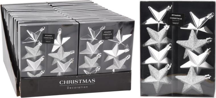 Karácsonyi csillagok 6,5 cm – ezüst mix (8 db)