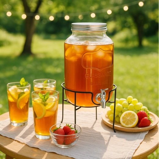 4 l-es üveg italadagoló csappal és fém fedéllel, állvánnyal