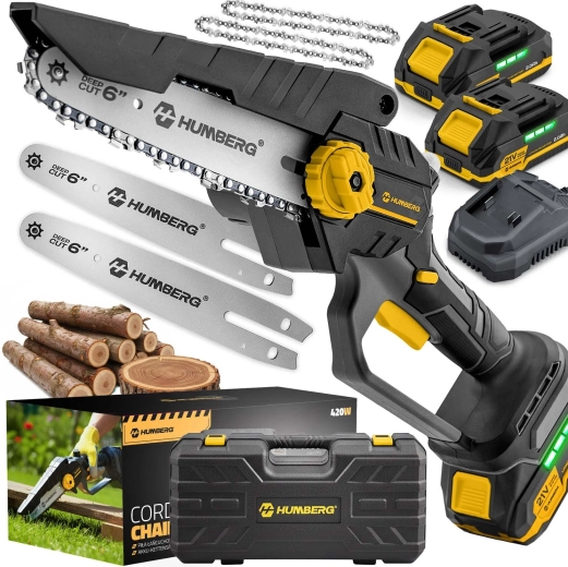 Humberg 6" akkumulátoros mini láncfűrész, kefe nélküli, 21 V