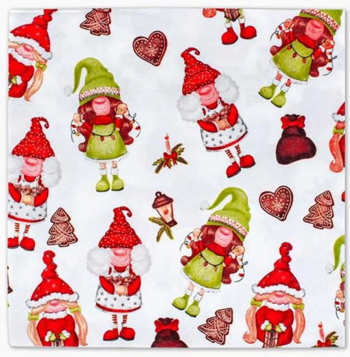 Karácsonyi papír szalvéták manó mintával, 33 × 33 cm, 3 rétegű, 20 db, TORO