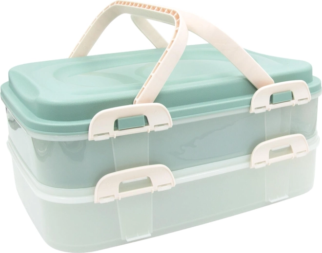 Kétszintes élelmiszertároló doboz fogantyúkkal, 40 × 30 × 18 cm, mentazöld