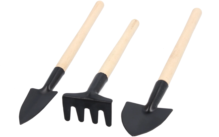 Kerti szerszámkészlet – lapát, ültetőkanál és kézi gereblye fa nyéllel