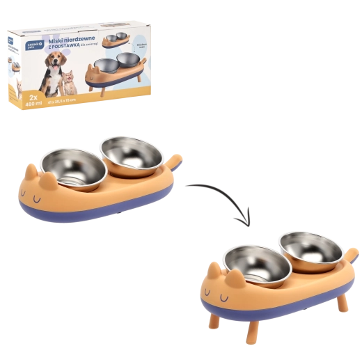 Megemelt dupla állvány rozsdamentes acél tálakkal kutyáknak és macskáknak 41 × 20,5 × 15 cm