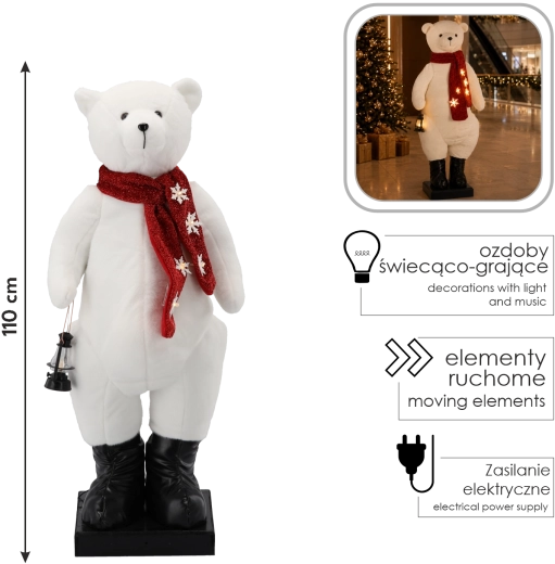 Karácsonyi jegesmedve-dekoráció LED-világítással, dallammal és mozgással, 110 cm