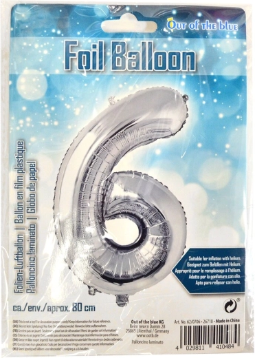 Ezüst fólia lufi 6-os szám 80 cm