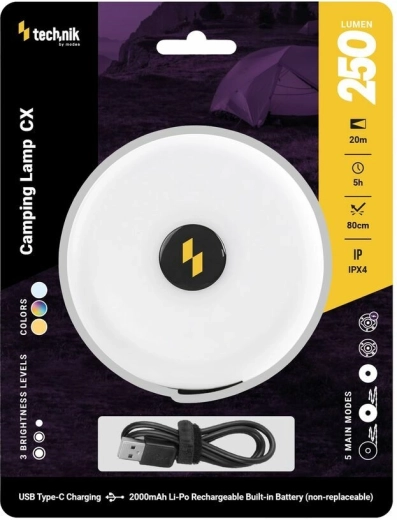 Kemping tölthető lámpa XPG-vel és 24 LED-del, USB‑C, 250 lm