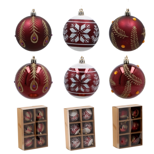 6 darabos bordó karácsonyi gömb szett, 8 cm, törhetetlen műanyagból
