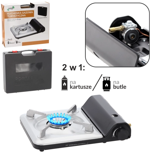 Turisztikai gázfőző 2 az 1-ben patronhoz és palackhoz, 3,5 kW