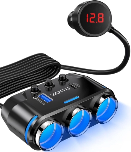 Yantu autós szivargyújtó elosztó 3 aljzattal, USB-vel és USB‑C‑vel - 1 db